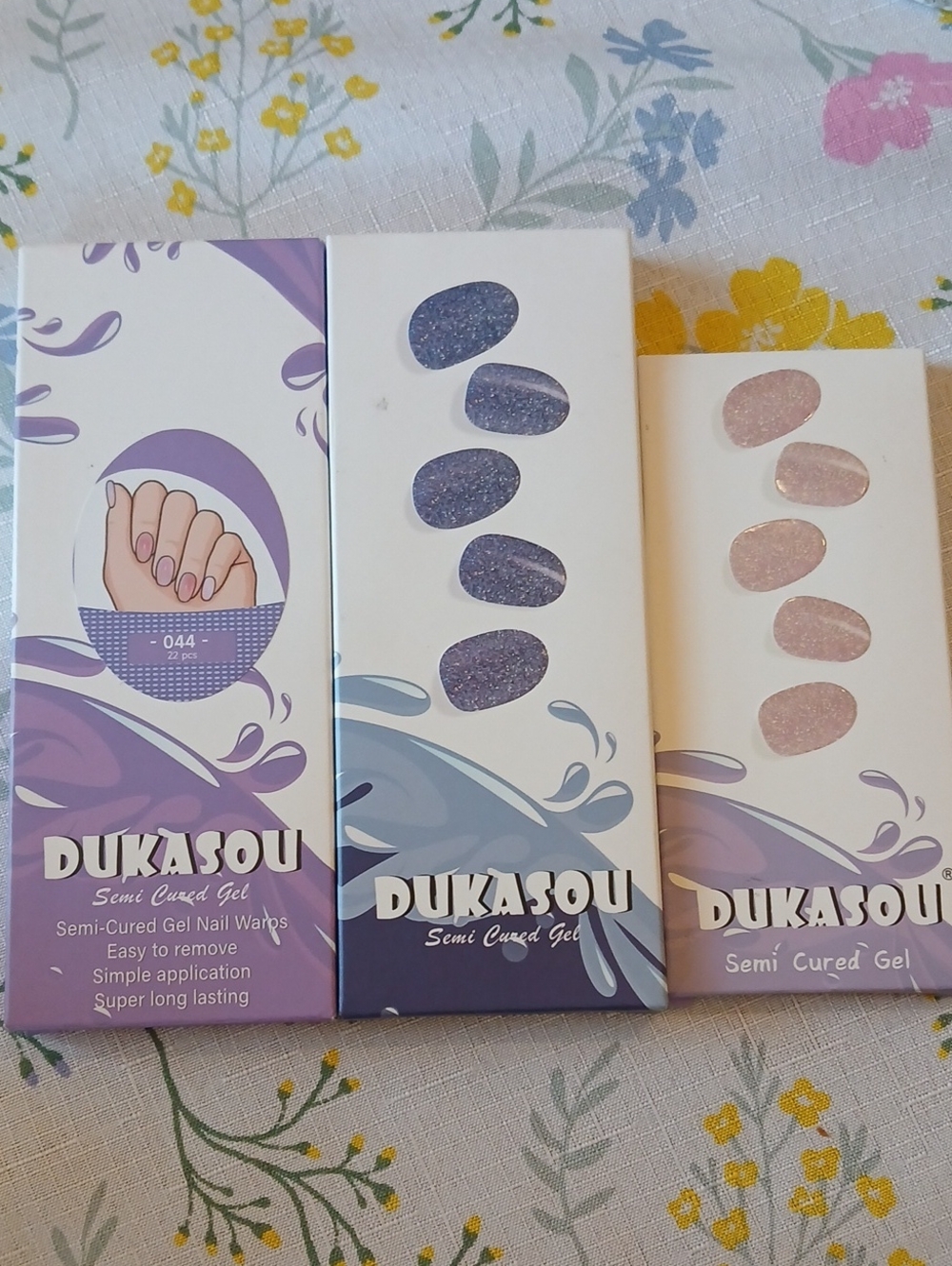 DUKASOU Semi Cured Gel Nail Wraps - Purple Glitter, Flash Blue, Pink.